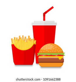 hamburger soda and french fries isolated on white background. vector illustration.