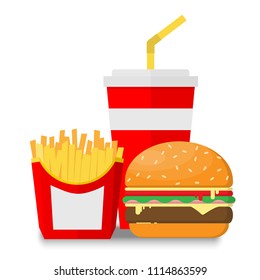 hamburger soda and french fries isolated on white background. vector illustration.