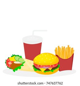 Hamburger with soda and French fries and a roll. Vector illustration