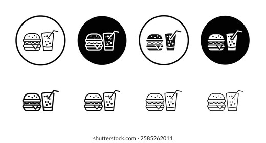 Hamburger soda icon Black line art vector logo set