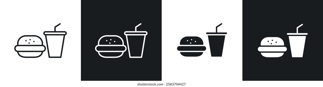 Hamburger soda icons collection in black and white filled and line versions