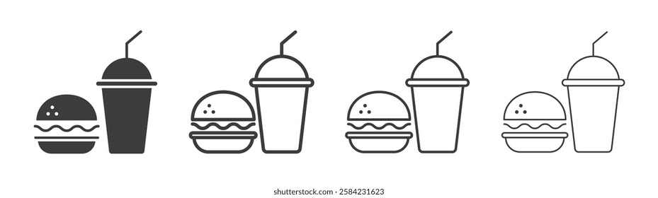 Hamburger soda icons set. Liner outlined and flat black color