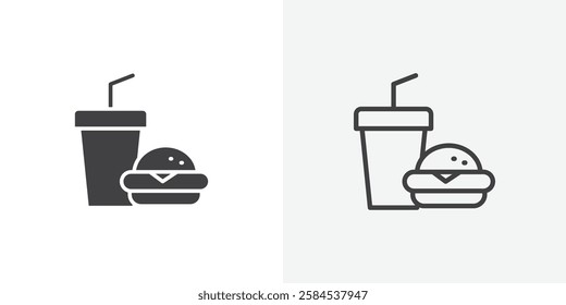 Hamburger soda icons vectors illustrations in black fill and liner versions