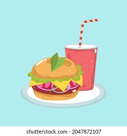 Hamburguesa con refresco en el plato. Ilustración del vector