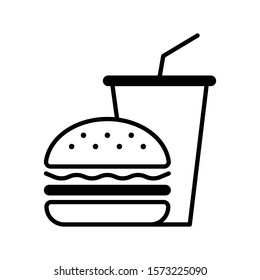 Hamburger and soda takeaway, Fast food icon, Outline flat design on white background, Vector illustration