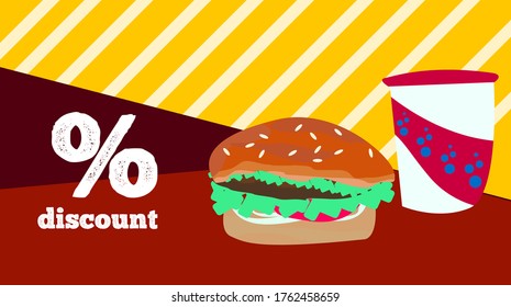 Hamburger and soda takeaway, Fast food icon, Outline flat design on white background, Vector illustration