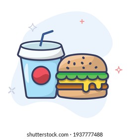 Icono vector de captura de hamburguesa y soda. Icono de línea de comida rápida. Ilustración de esquema de la Copa de Bebidas Sodas.