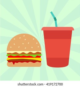 Hamburger and soda. Vector illustration in flat style. 