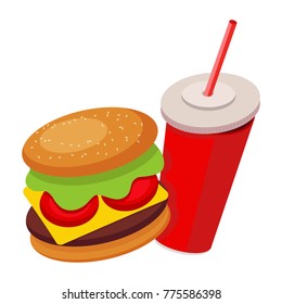 Hamburger and soda vector illustration in flat style isolated on background. Fast food concept.