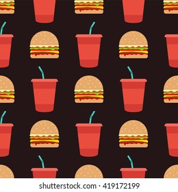 Hamburger and soda. Vector seamless wallpaper in flat style.