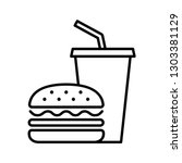 Hamburger and soft drink cup, Fast food icon, Outline flat design on white background, Vector illustration