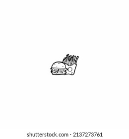 Hamburguesa y taza de refresco, icono de comida rápida, líneas de diseño planas sobre fondo blanco, ilustración vectorial