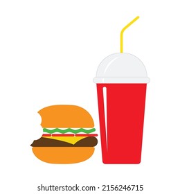 Hamburguesa con taza de refresco. Ilustración vectorial del icono del restaurante de comida rápida.  