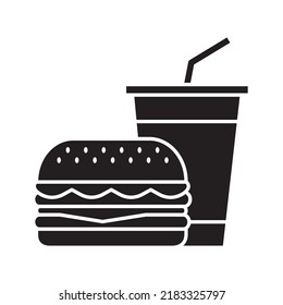 Hamburguesa y taza de refresco, símbolo del icono de comida rápida, diseño plano de silueta sobre fondo blanco, ilustración del vector