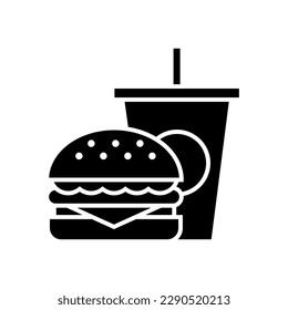 Hamburger and soft drink cup, Fast food icon sign, Silhouette flat design on white background, Vector illustration
