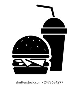Hamburger and soft drink cup, Fast food icon, Silhouette flat design on white background, Vector illustration