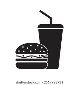 Hamburger and soft drink cup, Fast food icon, Silhouette flat design on white background