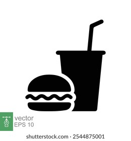 Taza de la hamburguesa y del refresco, icono de la comida rápida. Diseño plano de la silueta, concepto de comida y bebida. Hamburguesa, comida para llevar, refresco, cola, comida. Ilustración vectorial aislada sobre fondo blanco. EPS 10.