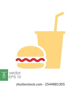 Hambúrguer e copo de refrigerante, ícone de fast food. Design plano de silhueta, conceito de comida e bebida. Burger, take way, refrigerante, cola, refeição. Ilustração vetorial isolada sobre fundo branco. EPS 10.