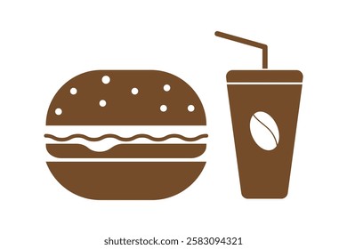 Hamburger and soft drink cup, Fast food icon, Outline flat design on white background, Vector illustration