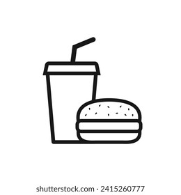 Hamburger and soft drink cup icon. Fast food icon, Outline flat design 