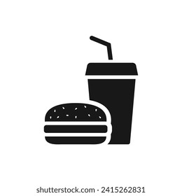 Hamburger and soft drink cup icon. Fast food icon, Silhouette flat design. Vector illustration