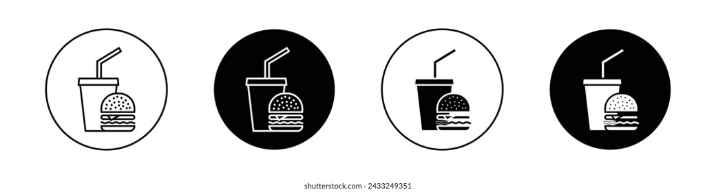 Hamburger and Soft Drink Cup Icon Set. Fast food and cup vector symbol in a black filled and outlined style. Taste on the Go Sign.