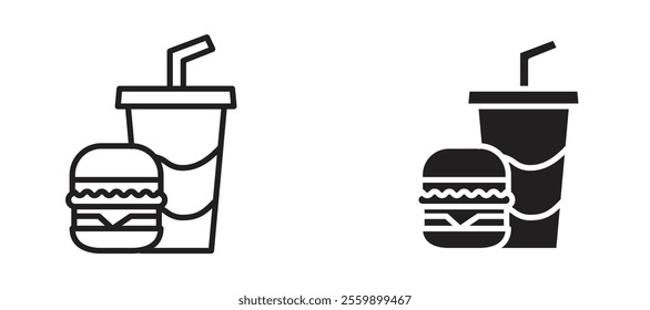 Hamburger and soft drink cup Icon set in black color for ui designs