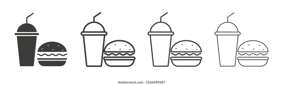 Hamburger and soft drink cup icon flat and linear vector illustration on white background.