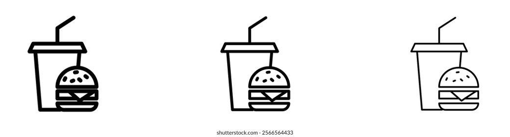 Hamburger and soft drink cup icon in tree different line stroke sizes.