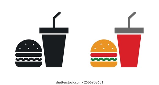 Hamburger and soft drink cup icon set in black and colored