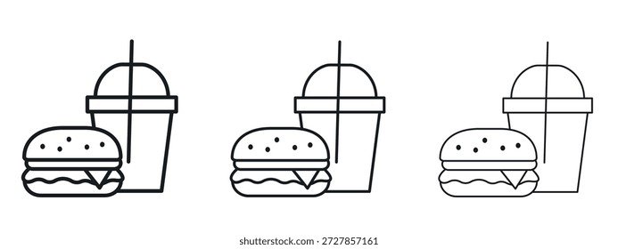 Plantilla de diseño de logotipo de Vector de icono de taza de hamburguesa y refresco. Gráficos de trazo editables.