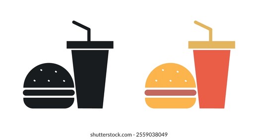 Hamburger and soft drink cup icons in black and colored version