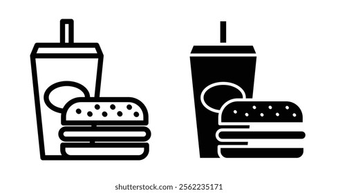 Hamburger and soft drink cup Icons pack in outlined and flat versions