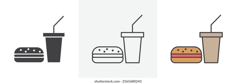 Hamburger and soft drink cup icons in black and colored versions