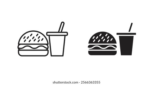 Hamburger and soft drink cup icons in line stroke and flat versions