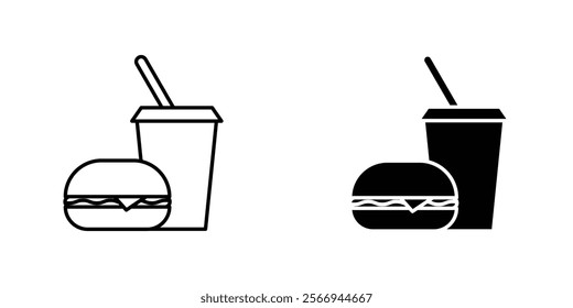 Hamburger and soft drink cup icons. black and white vector set.