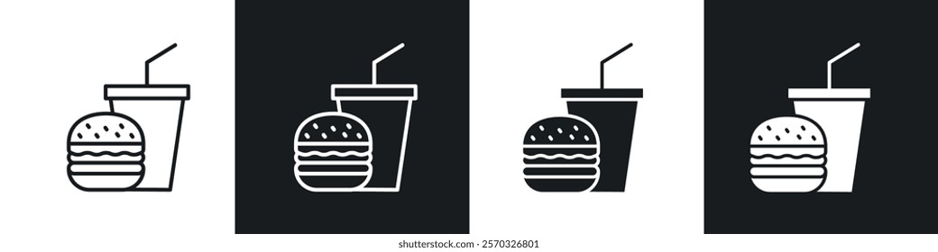 Hamburger and soft drink cup icons vectors set in black. line and flat versions