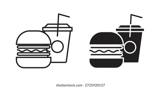 Icons für Hamburger und Softdrink-Becher. Lineares Vektorsymbol einzeln auf weißem Hintergrund.