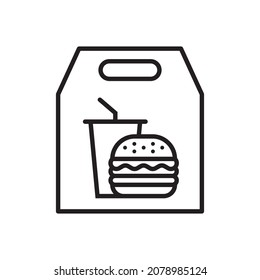 Hamburger And Soft Drink Cup In Paper Bag Icon, Takeaway Fast Food Logo, Outline Flat Design On White Background, Vector Illustration