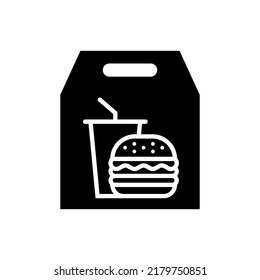 Hamburger and soft drink cup in paper bag icon, Takeaway fast food logo, Vector illustration