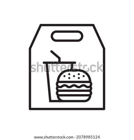 Hamburger and soft drink cup in paper bag icon, Takeaway fast food logo, Outline flat design on white background, Vector illustration