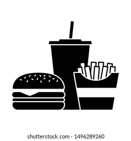 Hamburger soft drink and french fries, Fast food icon sign, Silhouette flat design on white background, Vector illustration