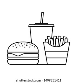 Hamburger soft drink and french fries, Fast food icon sign, Outline flat design on white background, Vector illustration