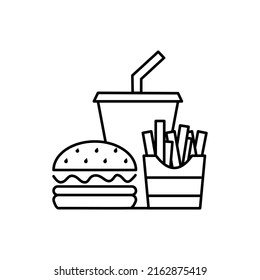 Hamburger soft drink and french fries, Fast food icon sign, Outline flat design on white background.