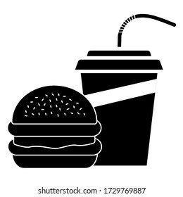 Hamburger und Softdrink Ikone im trendigen Silhouette-Stil. Vector Illustration isoliert auf weißem Hintergrund.