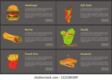 Hamburger and soft drink posters set. Asian noodles and french fries potatoes, sandwich slices. Burrito fast food high in fat vector illustration