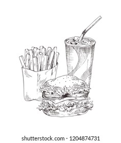 Hamburger and soft drink poured in plastic cup, monochrome sketches outline set. French fried in container fried potatoes sticks vector illustration