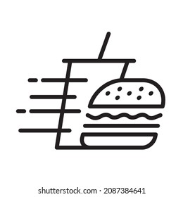 Hamburger and soft drink with speed line icon, Fast food delivery symbol, Line design on white background, Vector illustration