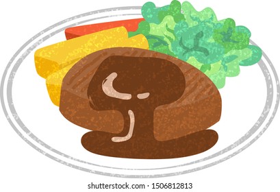 Hamburger Steak Illustration Drawn In Hand Drawn Style.